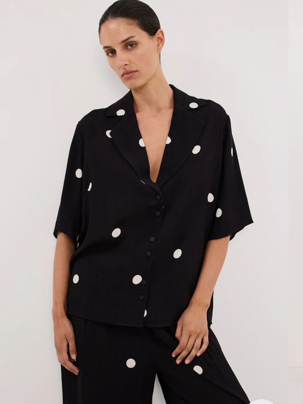 DISSH Black Button-Down Shirt with White Polka Dots